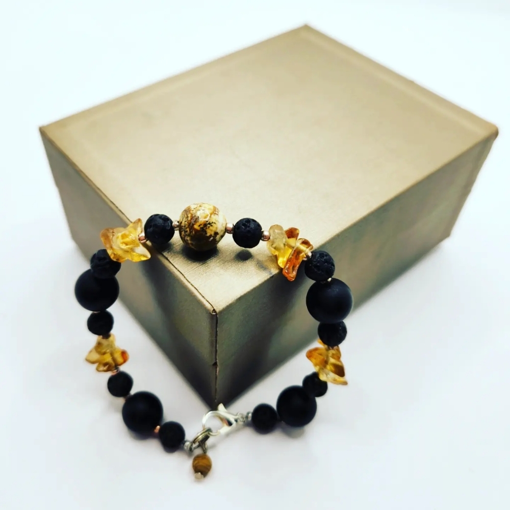 Black Agate, Lava Stone, Picture Jasper Bracelet lobster clasp